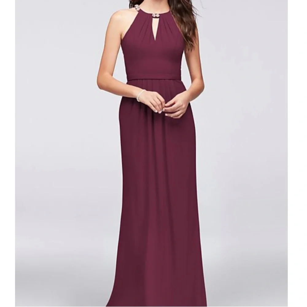 NWT David’s Bridal Keyhole Halter Jewel Neckline Maxi Dress Marine Navy - Picture 3 of 7